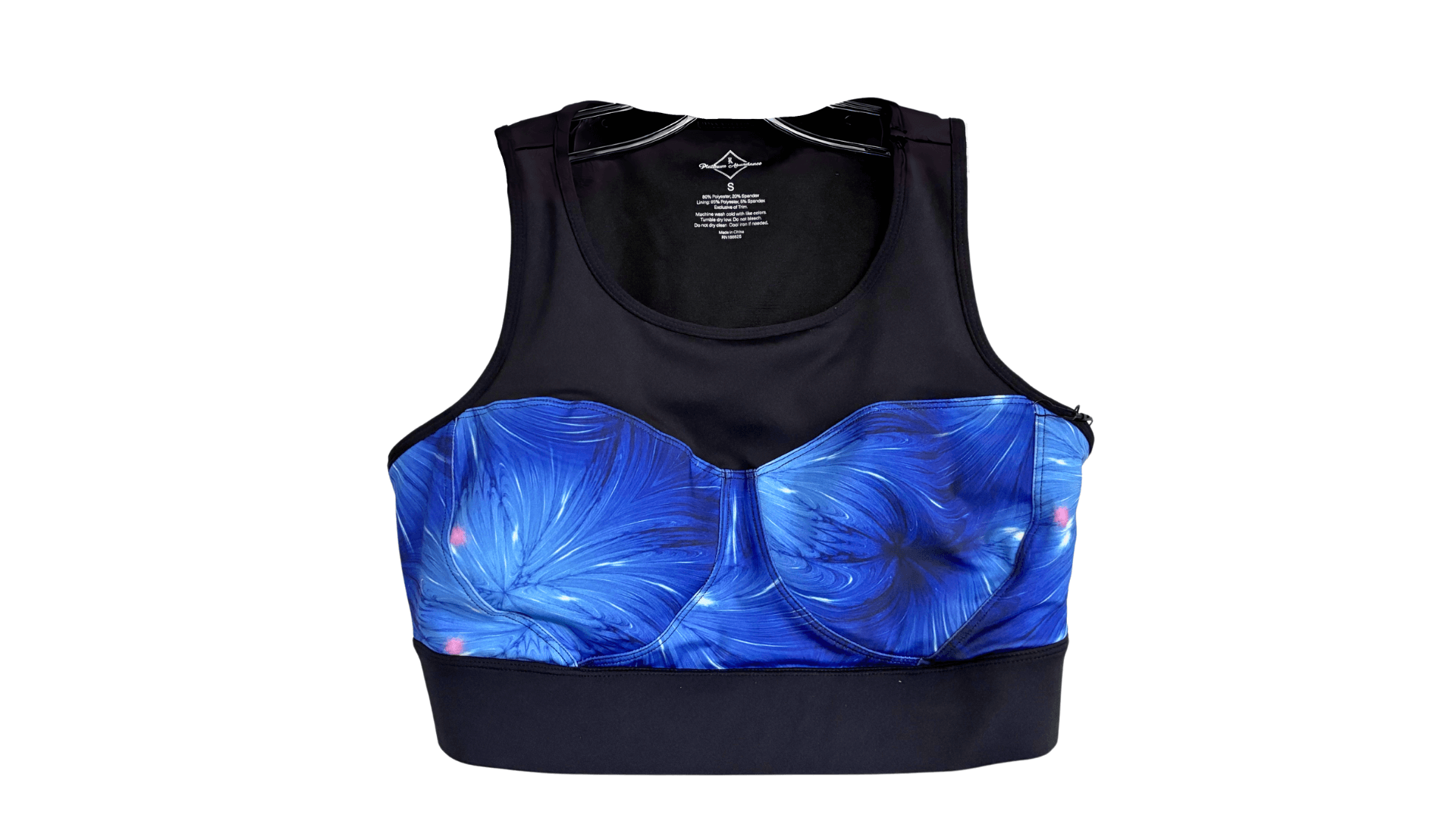 Sapphire Empress Fit Bra with vibrant blue floral design and supportive racerback for active women.